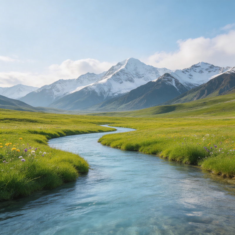 雪山溪流春景图片