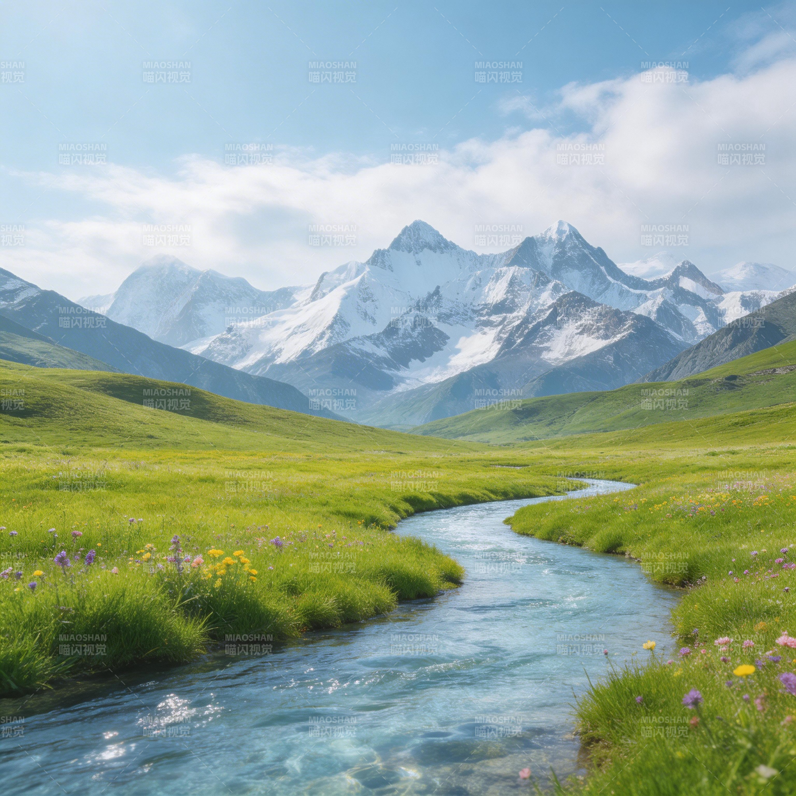 雪山溪流春景图片