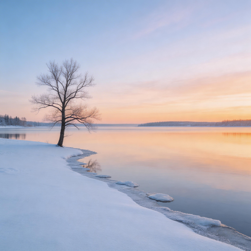 雪湖孤树晨曦图片