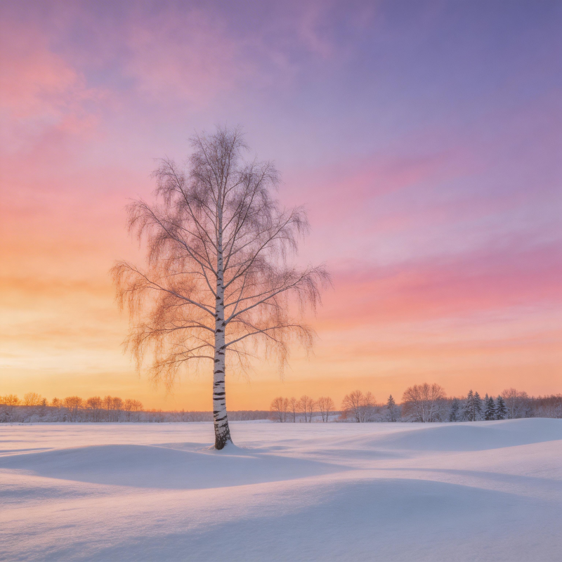 雪原孤树暮色图片
