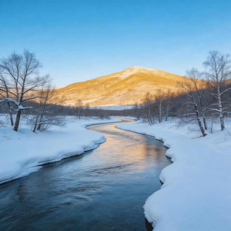 雪河映山图片