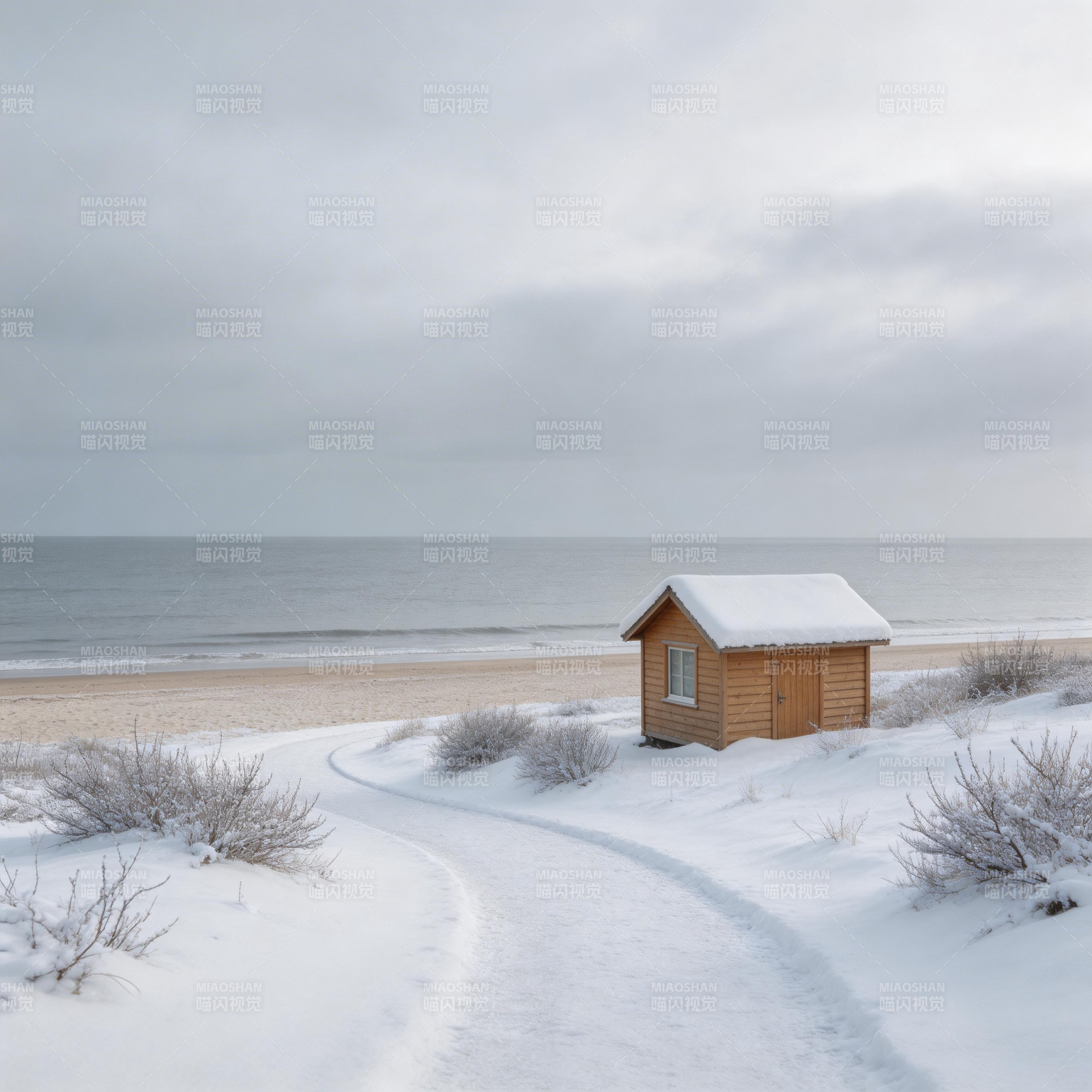 雪中木屋静谧海景图片