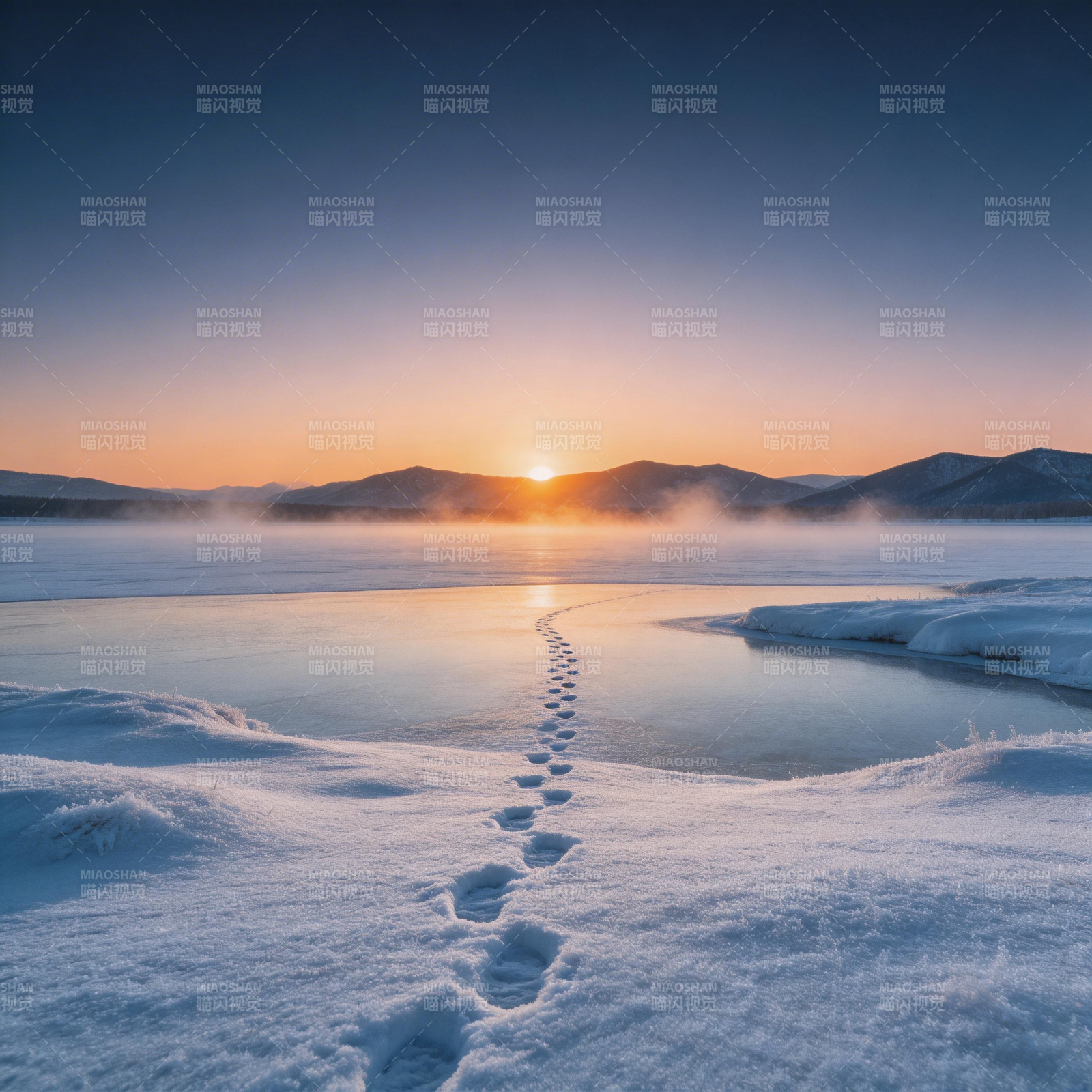 雪湖日出足迹图片