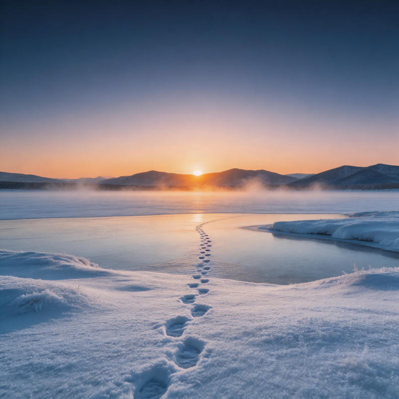 雪湖日出足迹图片