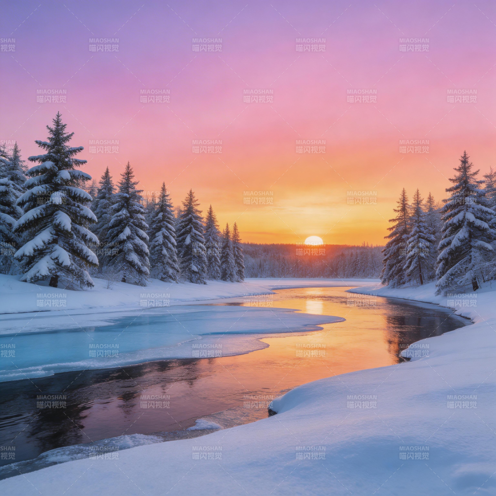 冬日雪景日落图片