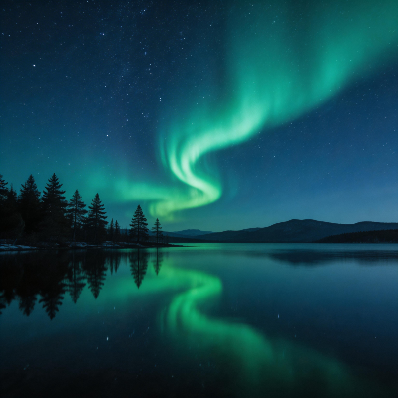 极光映湖夜景图片