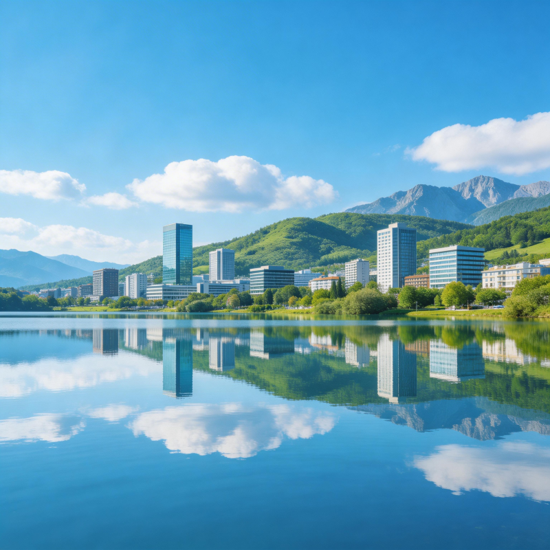 湖畔城市倒影图片