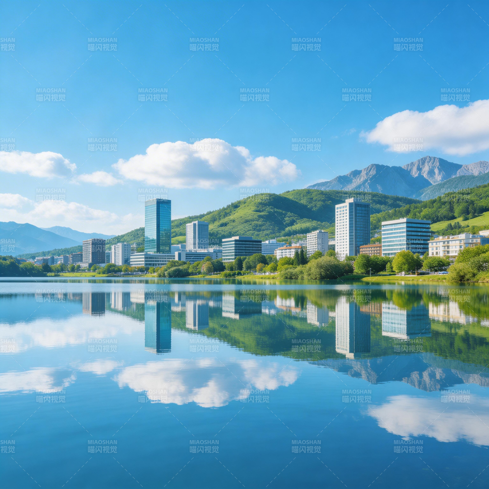 湖畔城市倒影图片