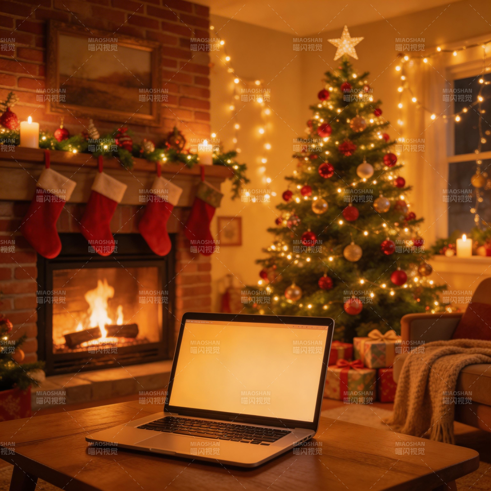 圣诞温馨夜 暖炉伴电脑图片