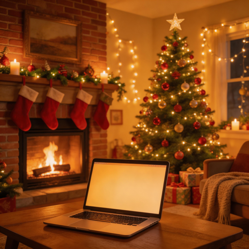 圣诞温馨夜 暖炉伴电脑图片