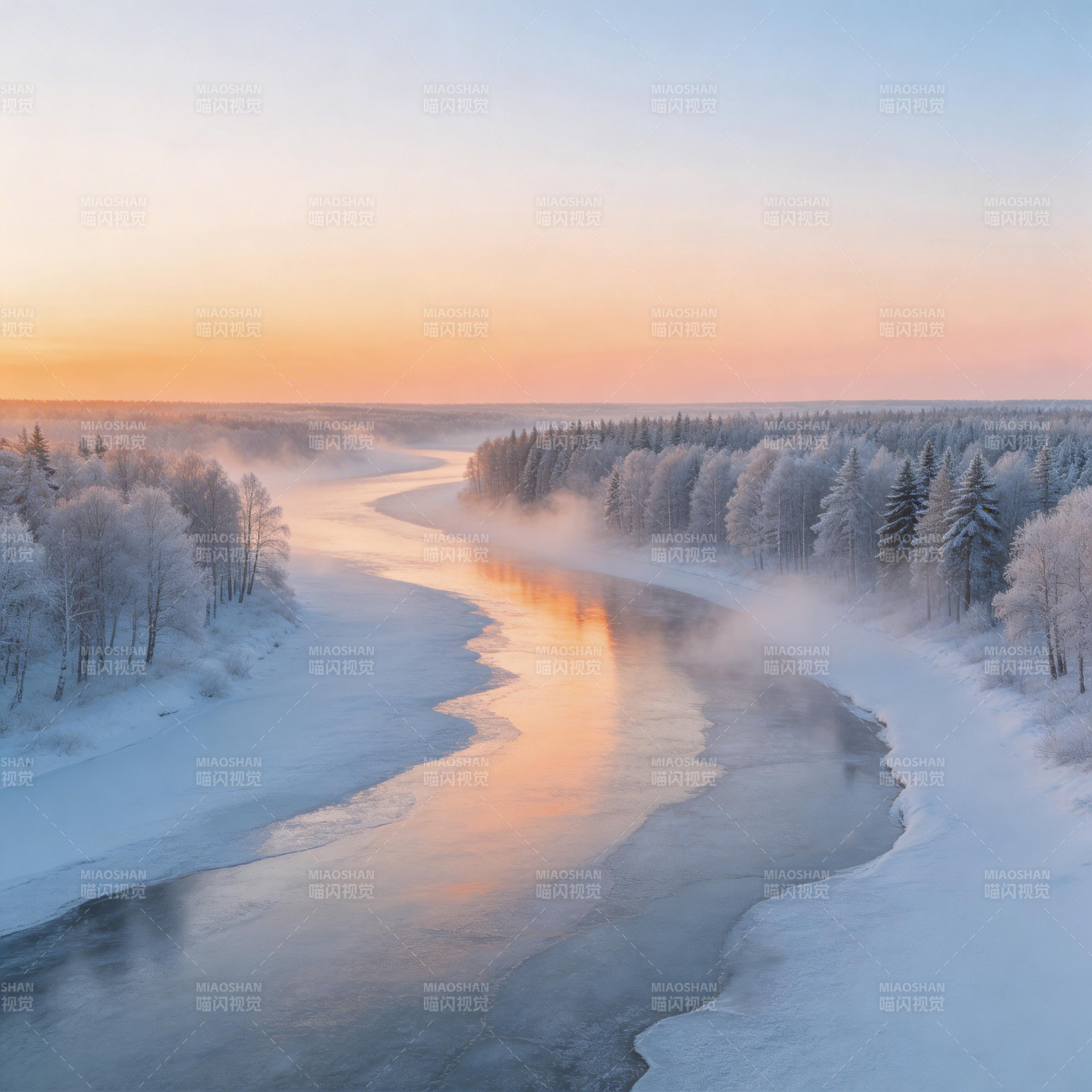冬日河畔晨曦图片
