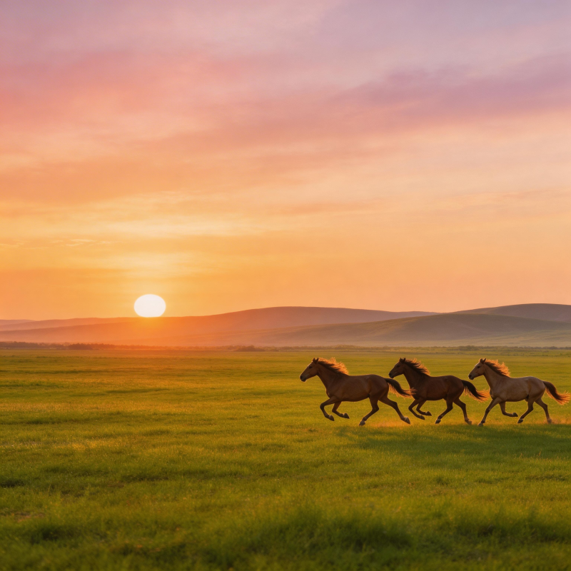 草原夕阳奔马图图片