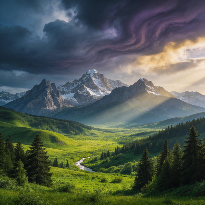 雪山绿谷晨曦图片