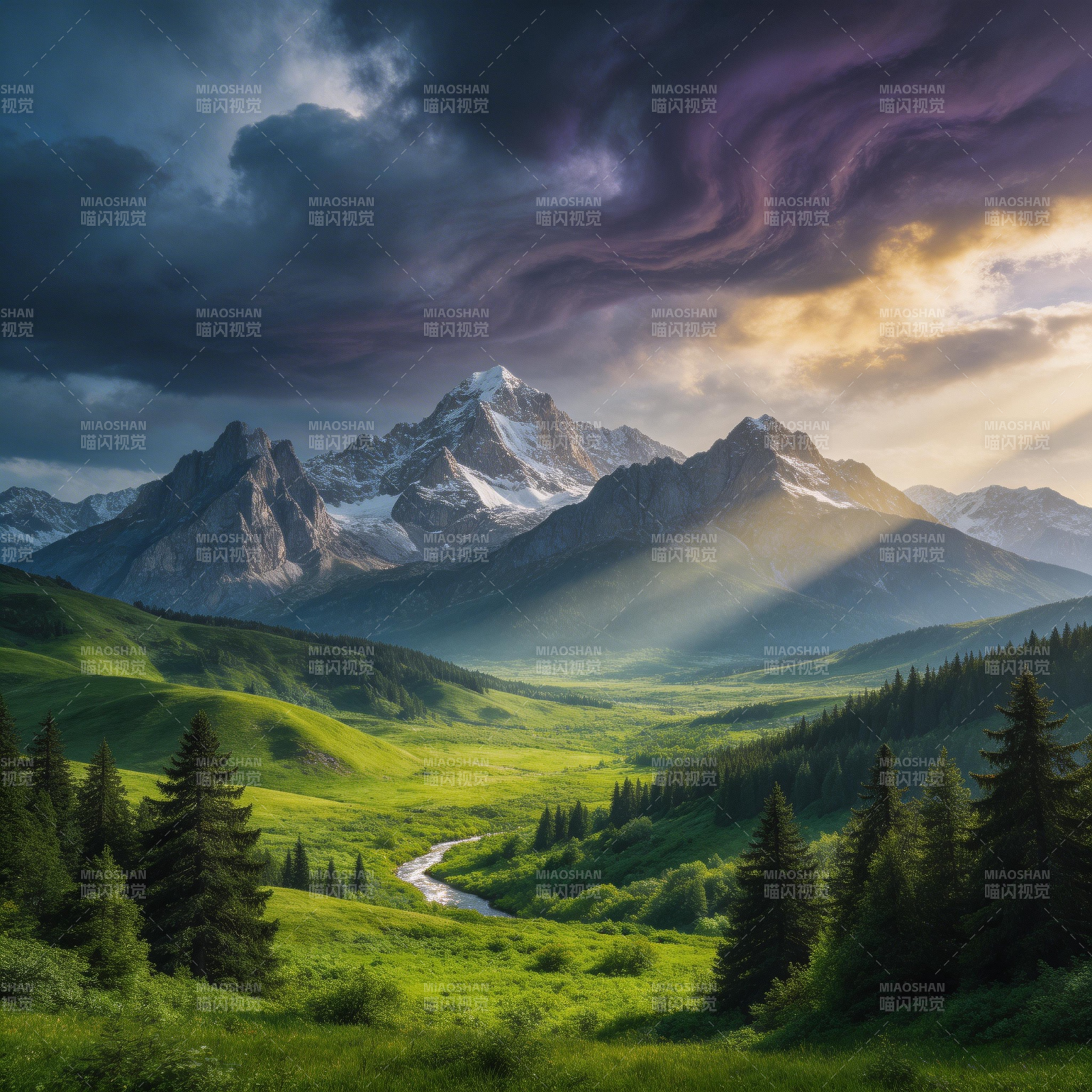 雪山绿谷晨曦图片