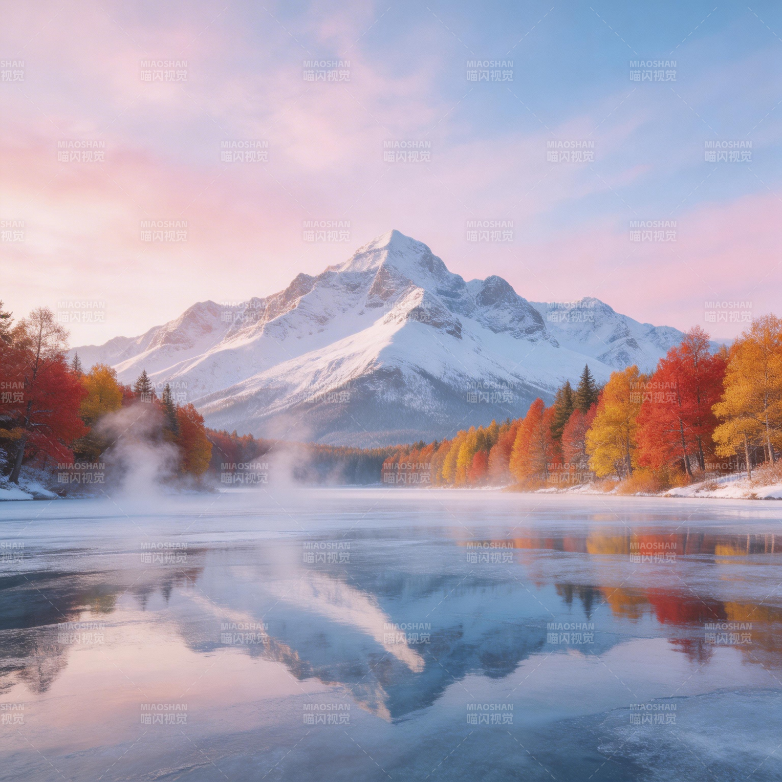 雪山秋湖倒影图片