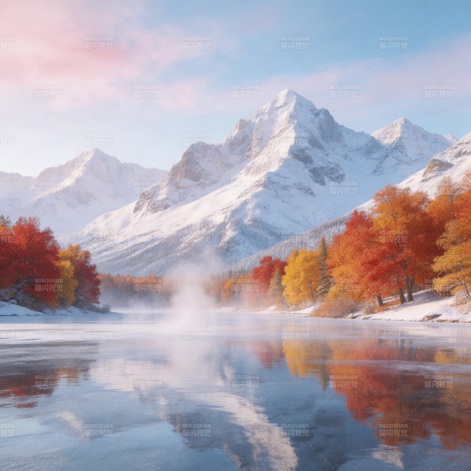 秋山雪峰映湖光图片