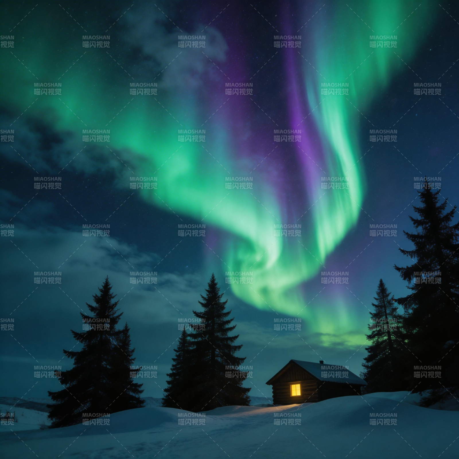 极光下的雪夜小屋图片