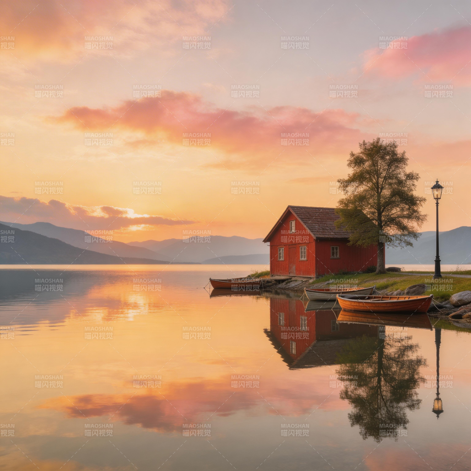 湖畔红屋夕照图片
