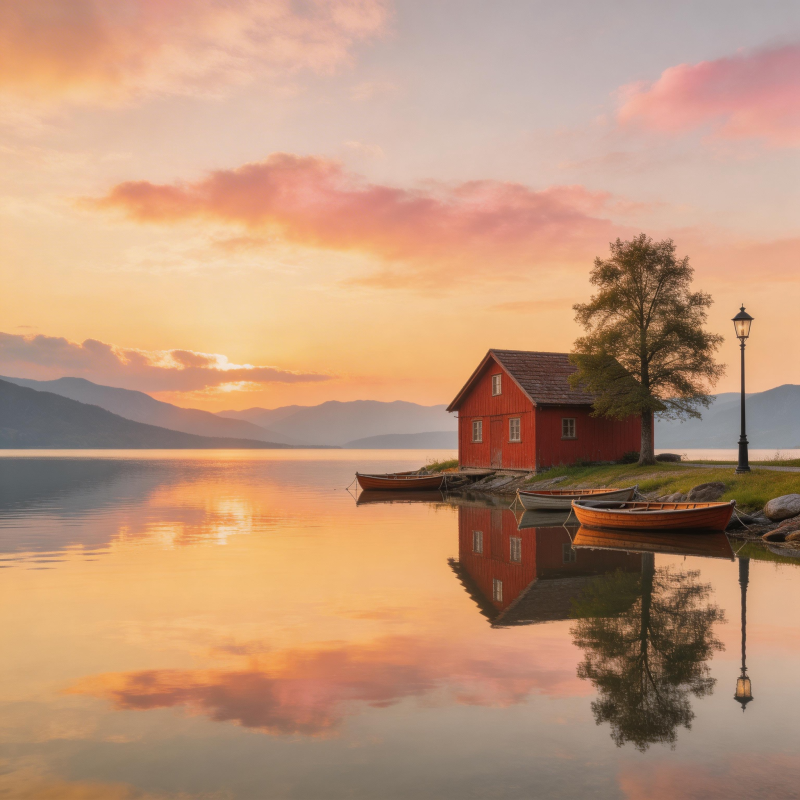 湖畔红屋夕照图片