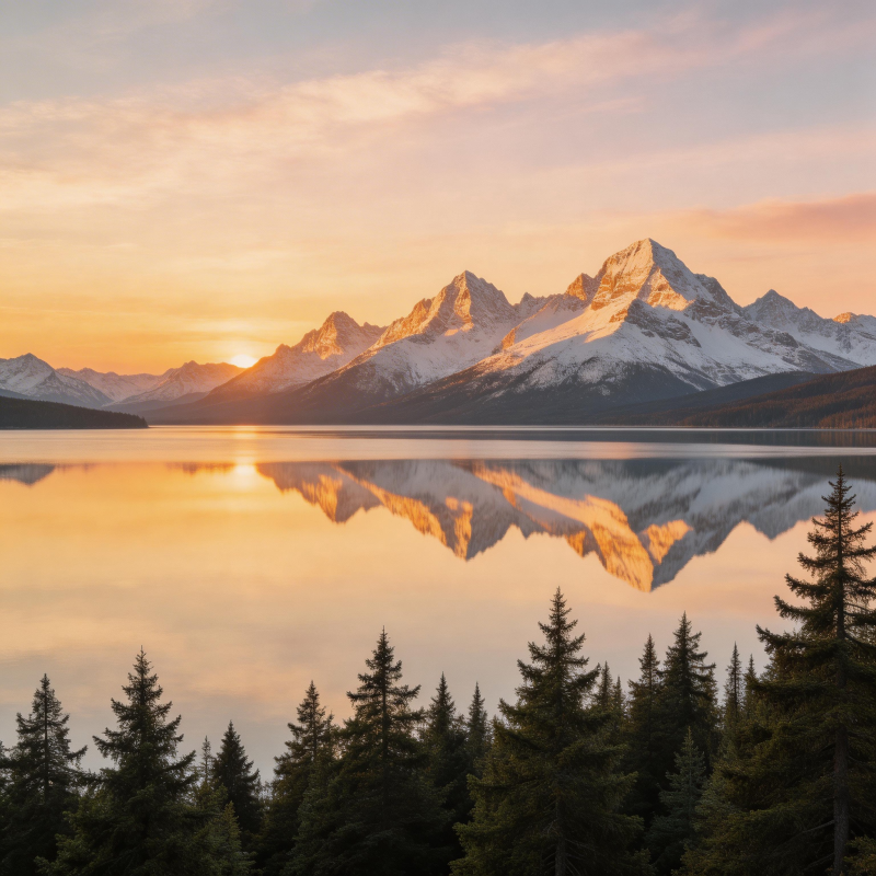 雪山湖影日出图片
