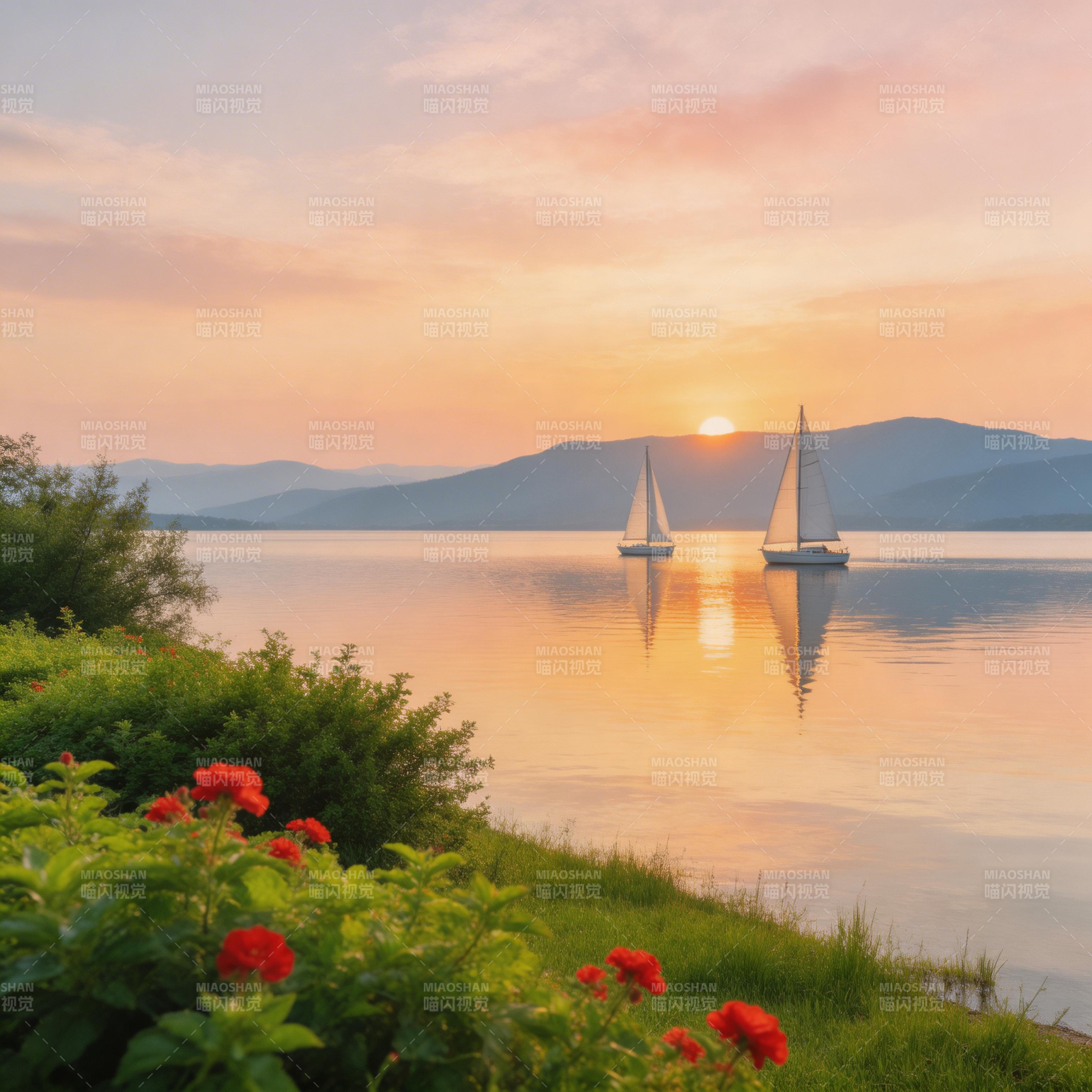 湖畔夕阳帆影图片