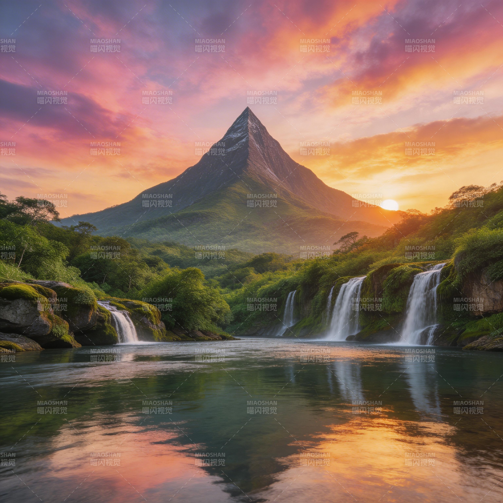 山巅落日映飞瀑图片