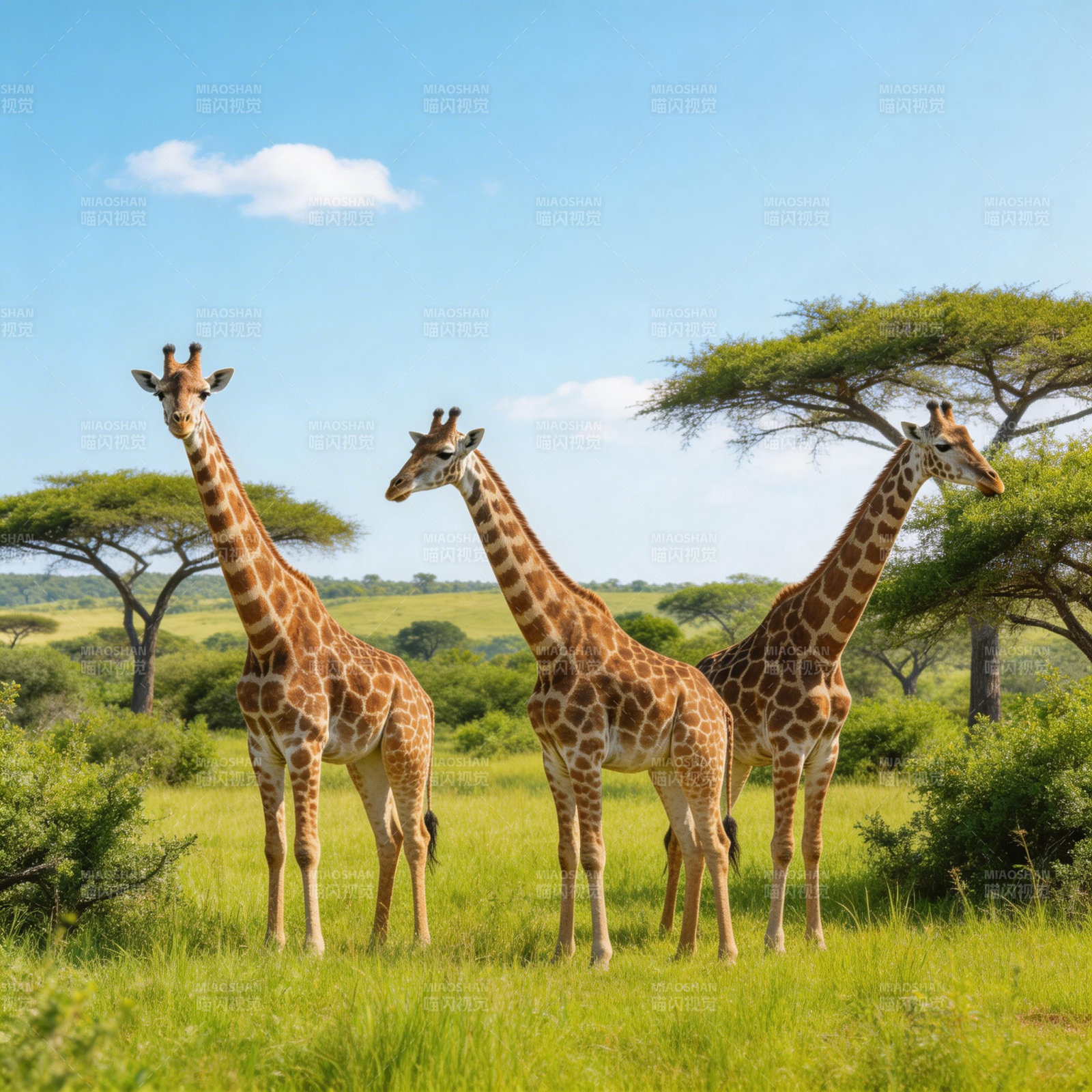 三只长颈鹿草原合影图片