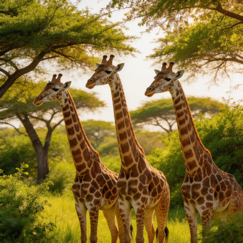 三只长颈鹿在树下图片