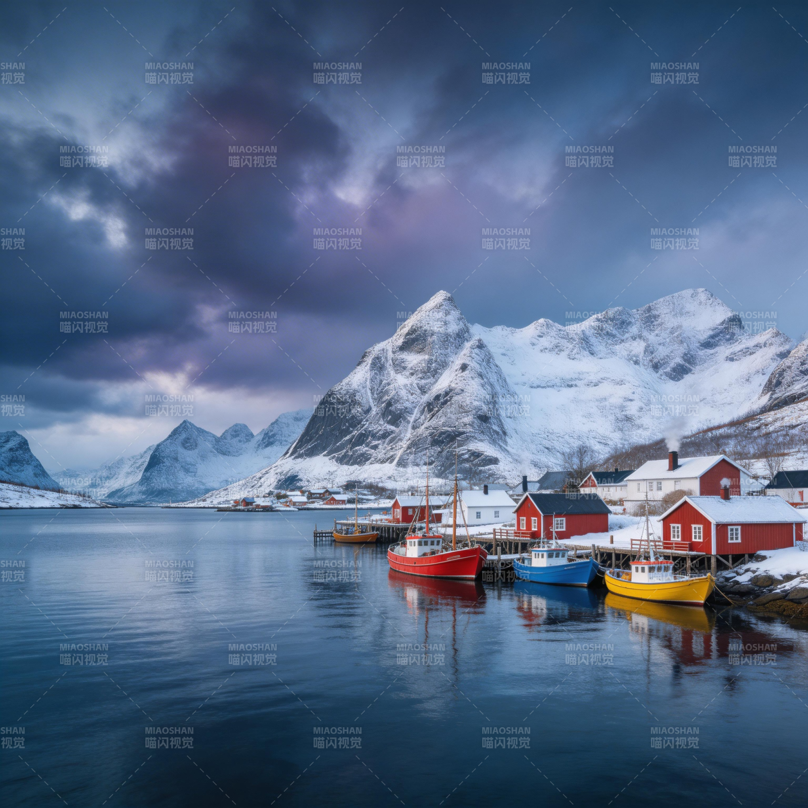 雪峰渔村静谧景图片