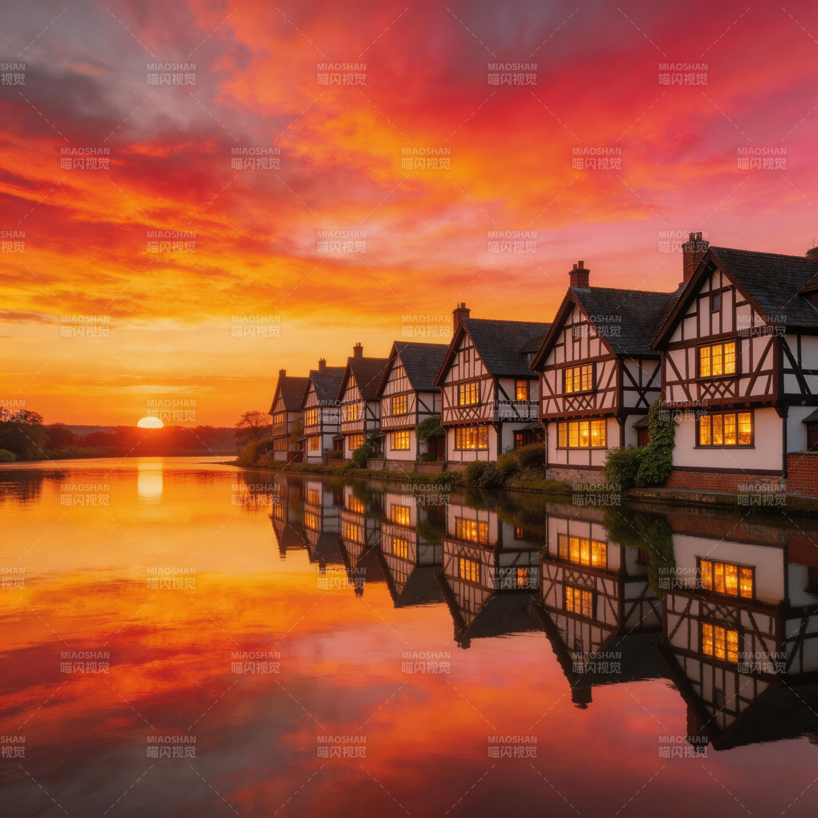 湖畔夕阳倒影屋图片