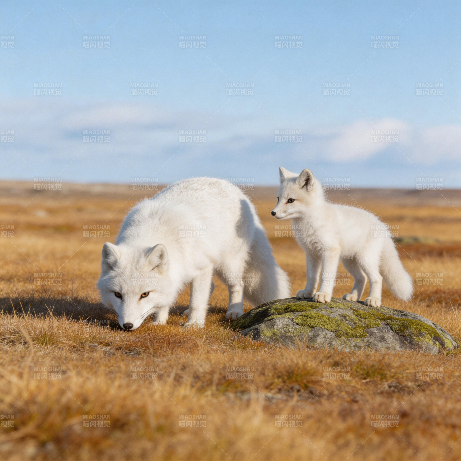 雪狐母子草原觅食图片