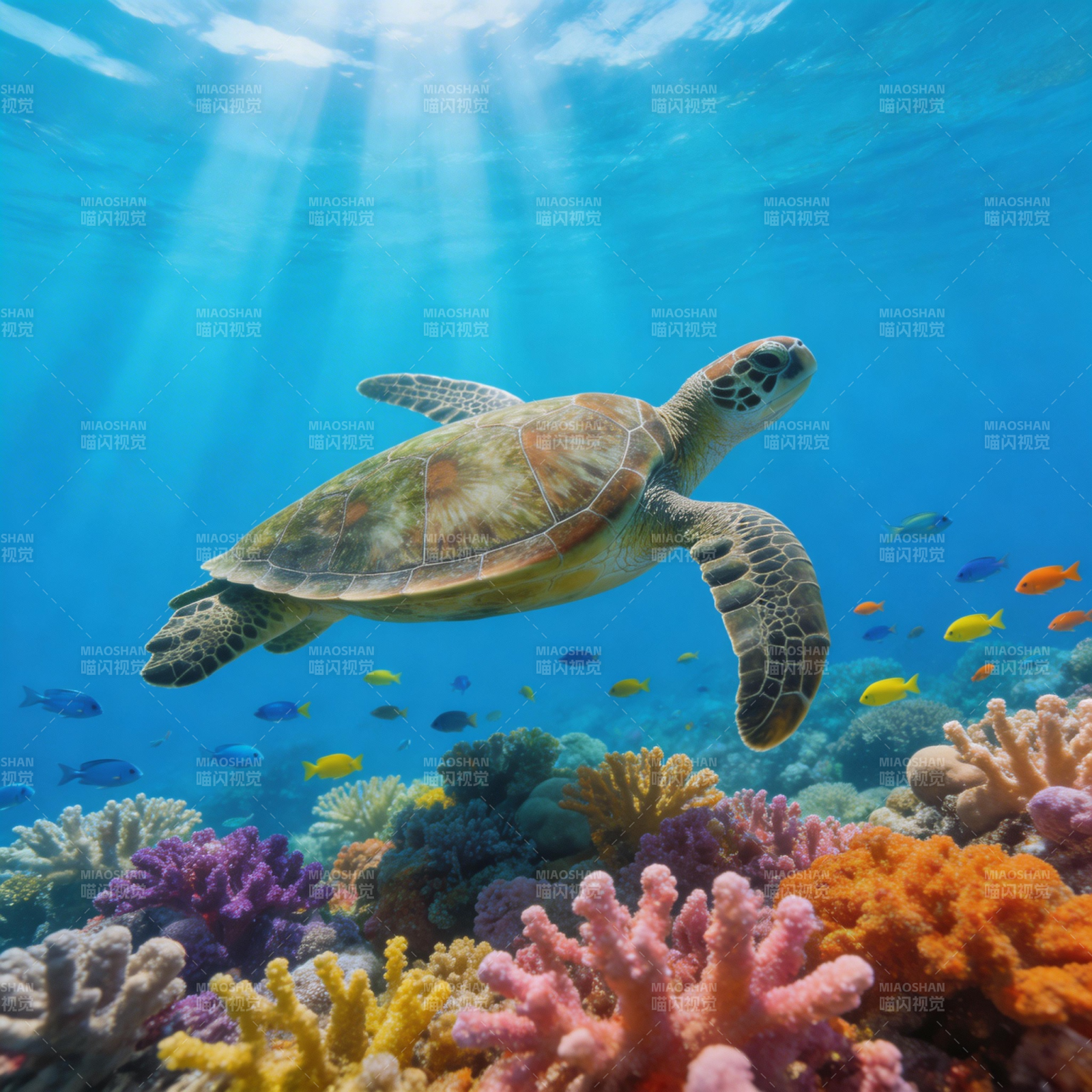 海龟游弋珊瑚礁图片
