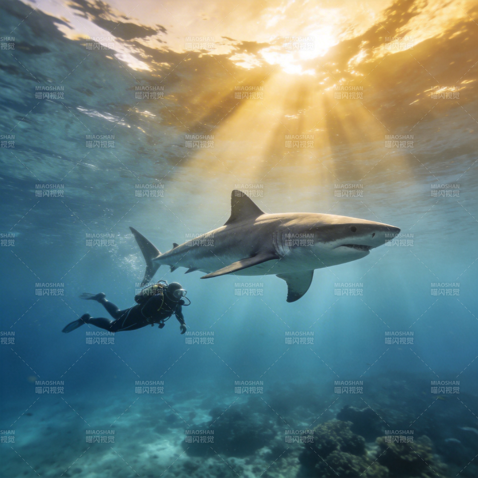 潜海遇鲨 光影交织图片