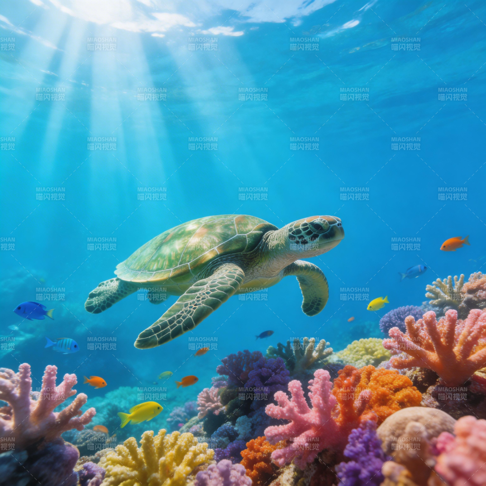 海龟游弋珊瑚礁图片