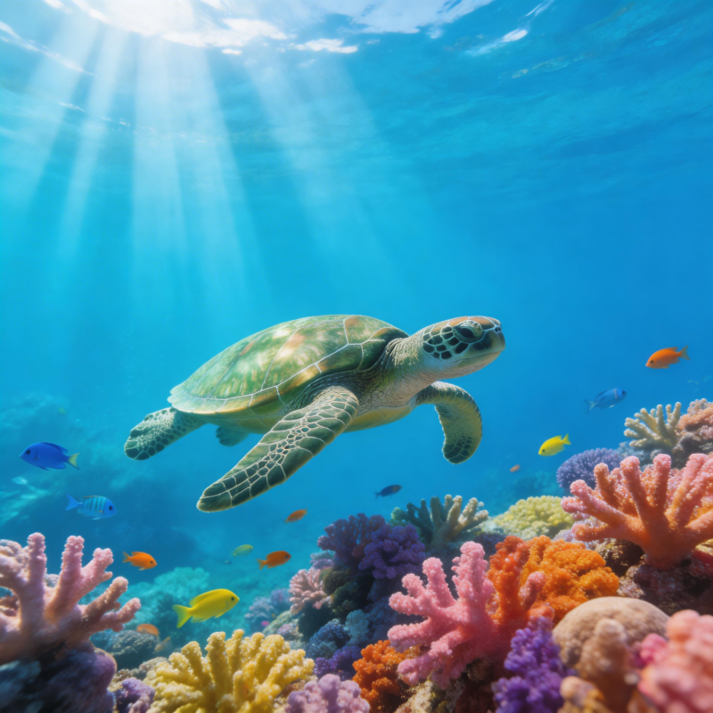 海龟游弋珊瑚礁图片