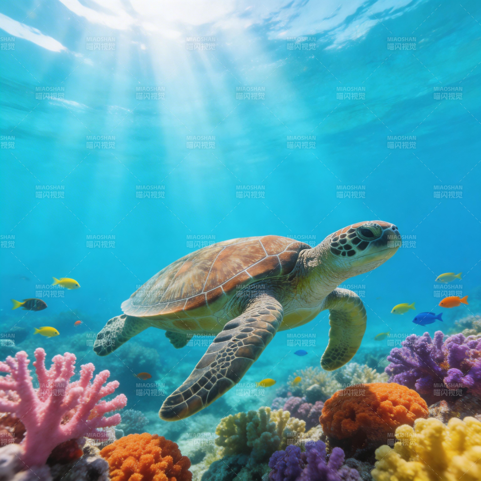 海龟游弋珊瑚礁图片