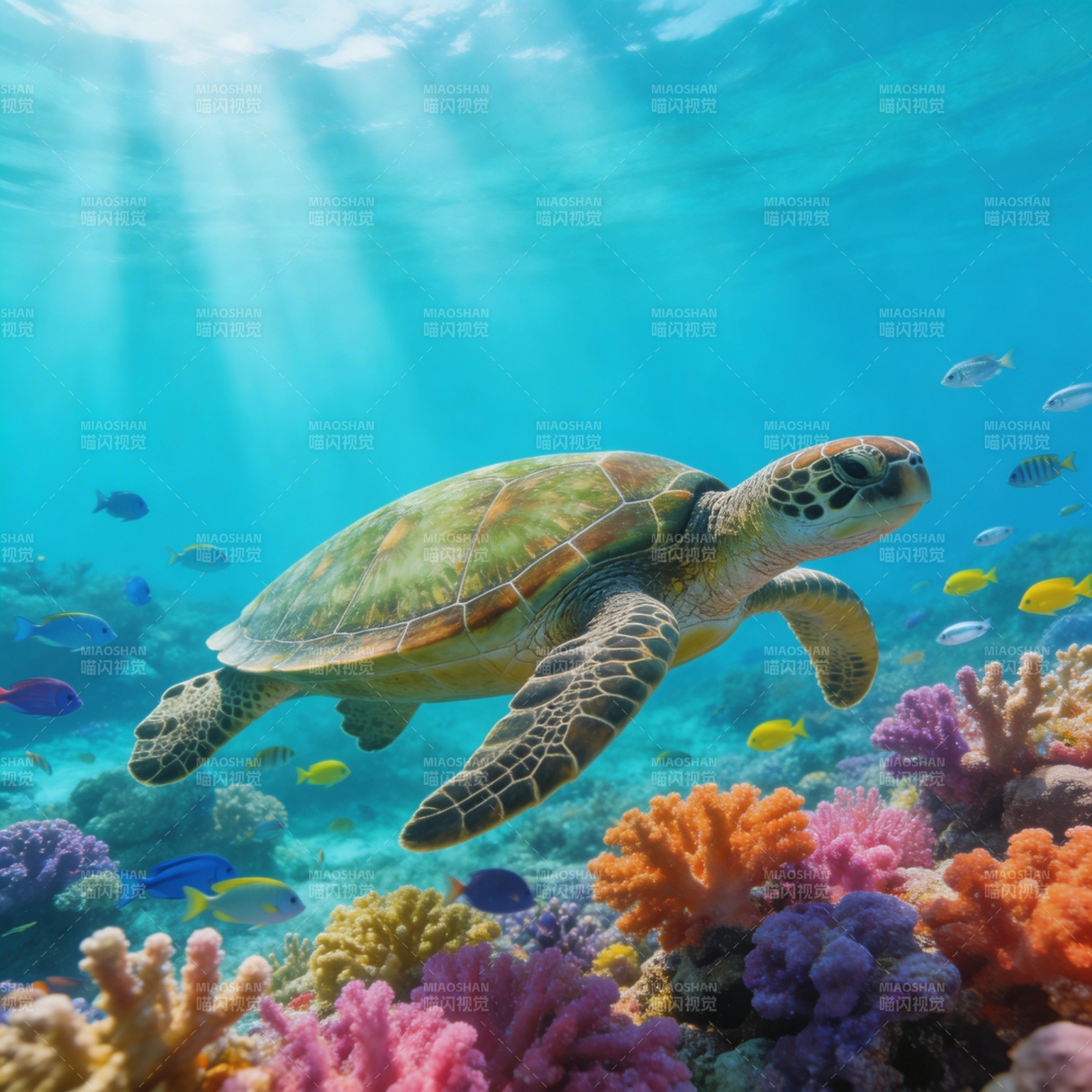 海龟游弋珊瑚礁图片