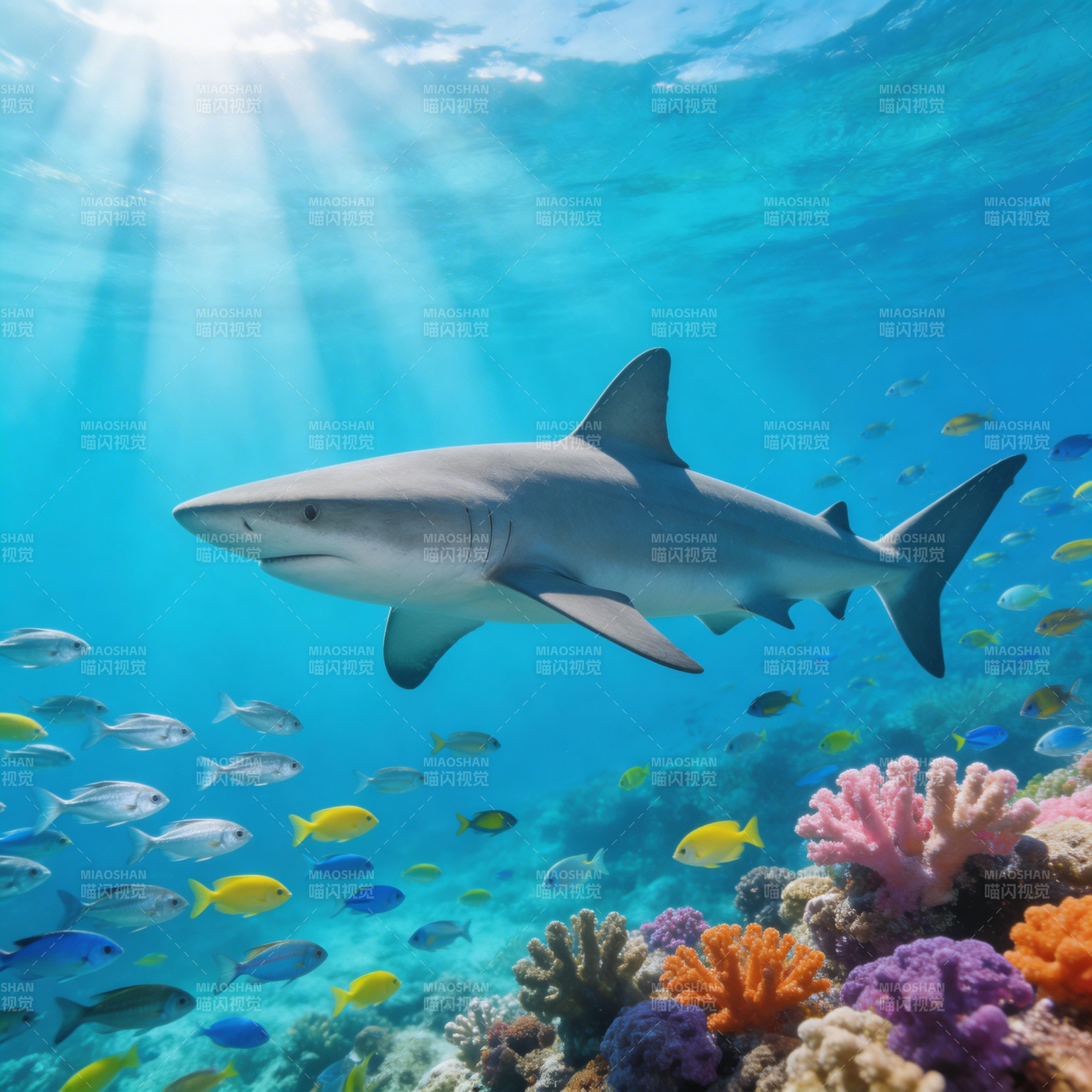 鲨鱼游弋珊瑚礁图片