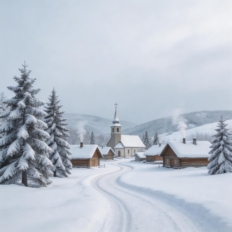 雪村教堂静谧冬景图片