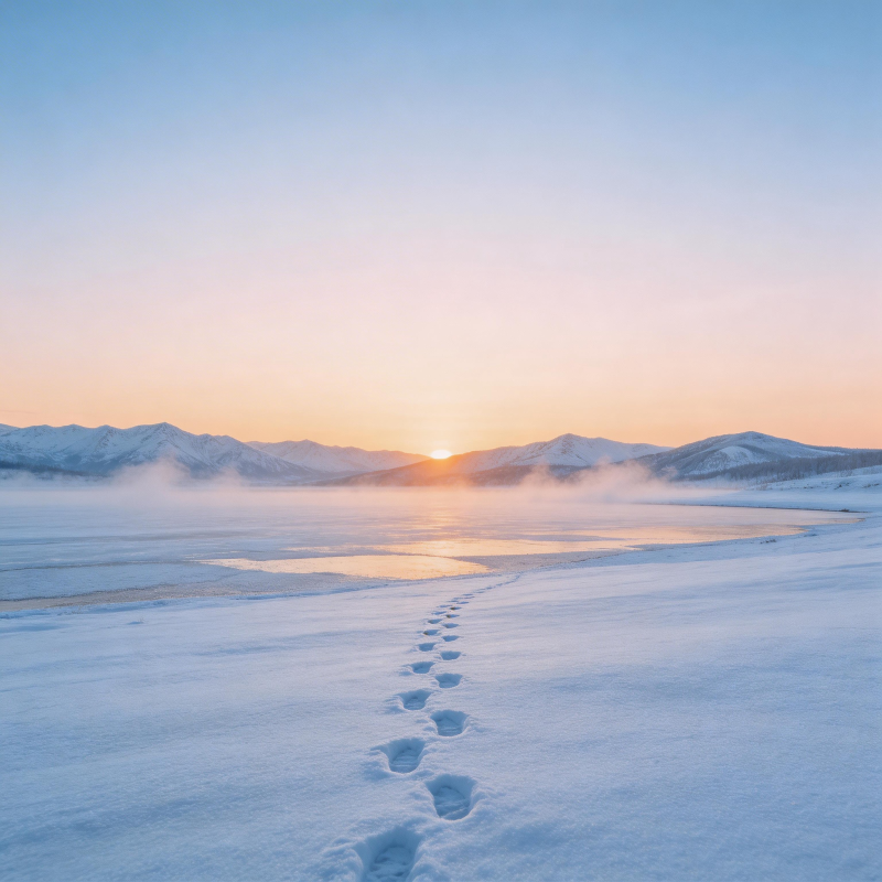 雪原足迹夕阳图片