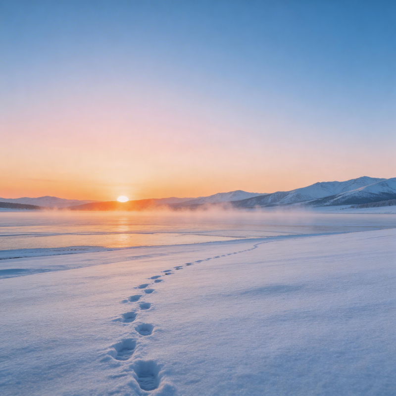 雪原日出足迹图片
