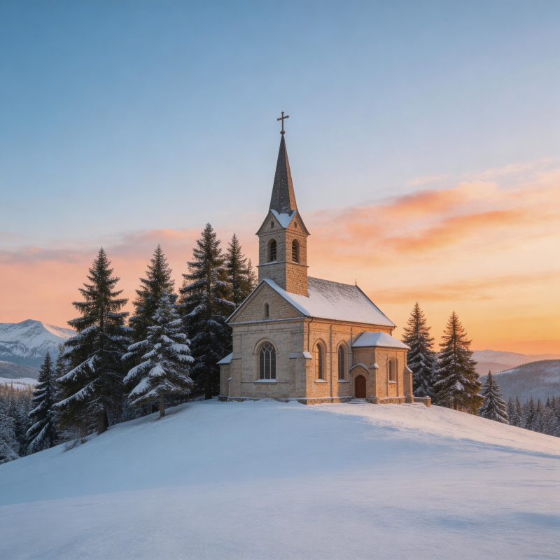 雪岭教堂晨曦图片
