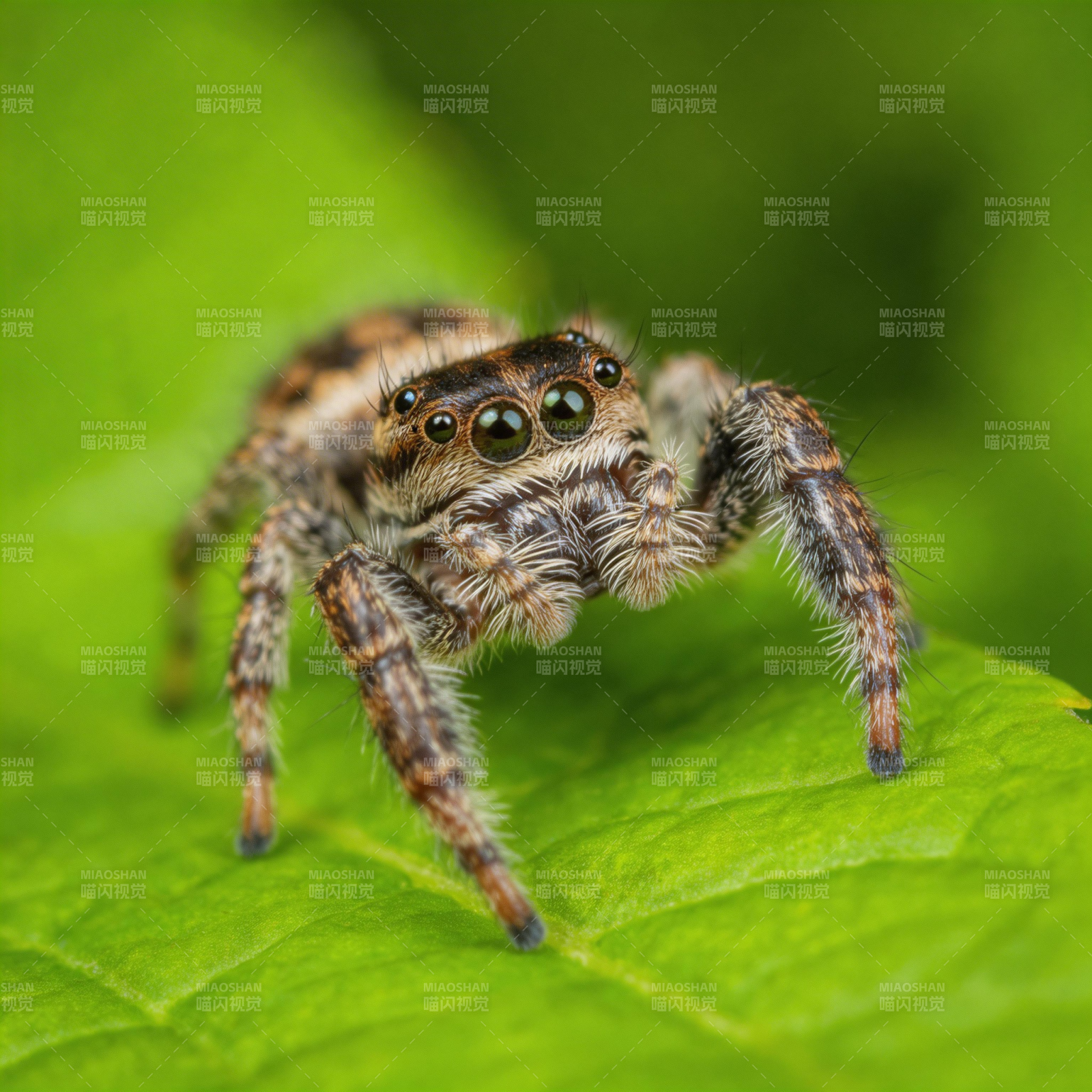 跳跃蛛栖绿叶上图片