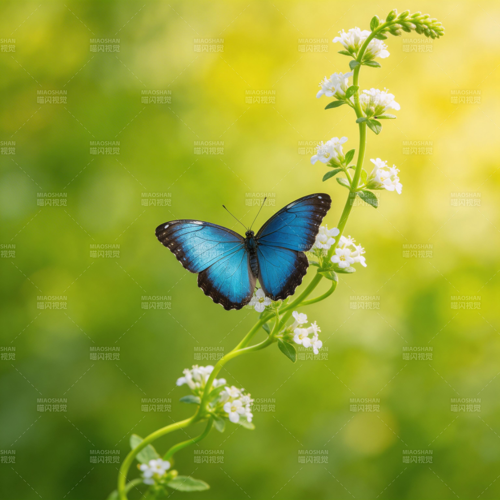 蓝蝶栖花枝图片