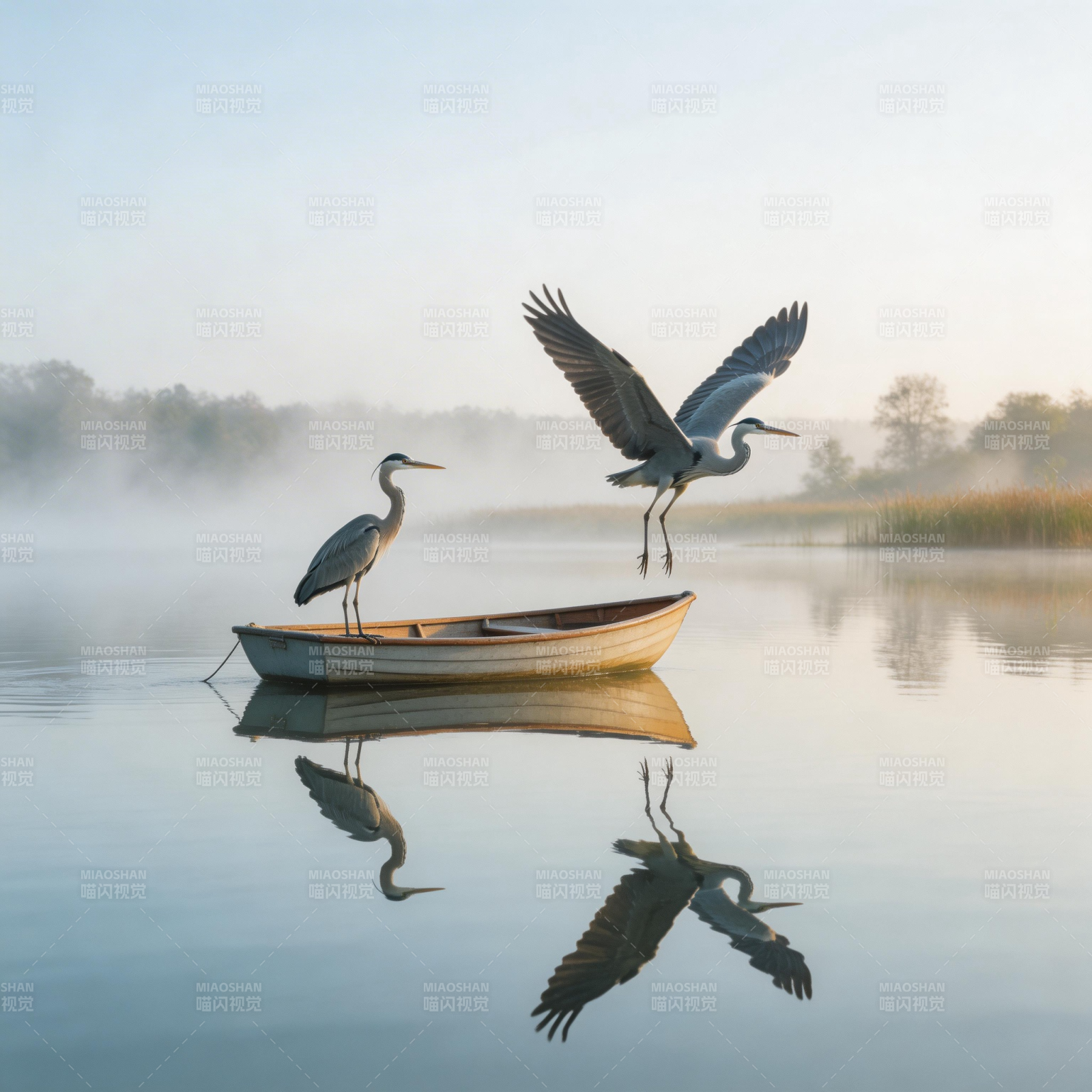 晨雾湖上双鹭影图片