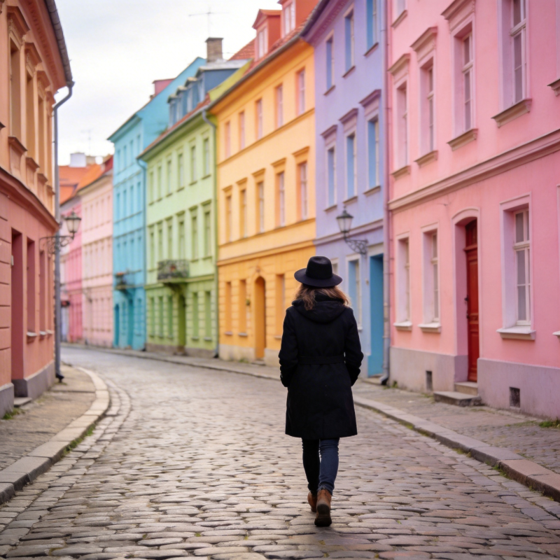 彩色街巷行人影图片