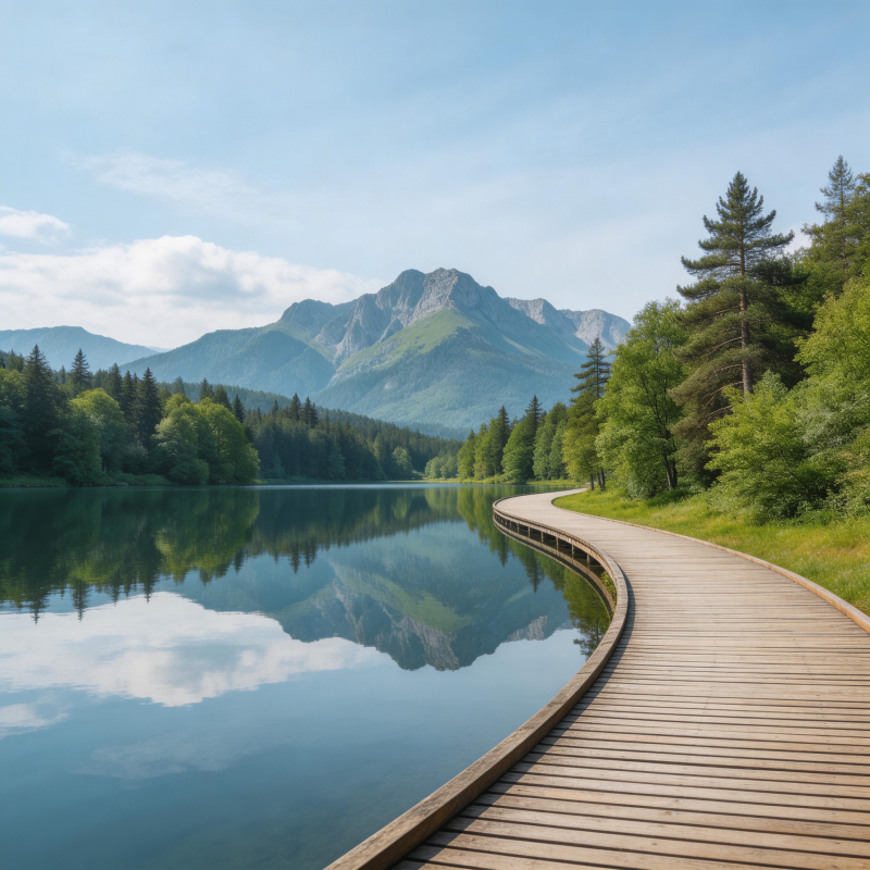 湖畔木道映山色图片