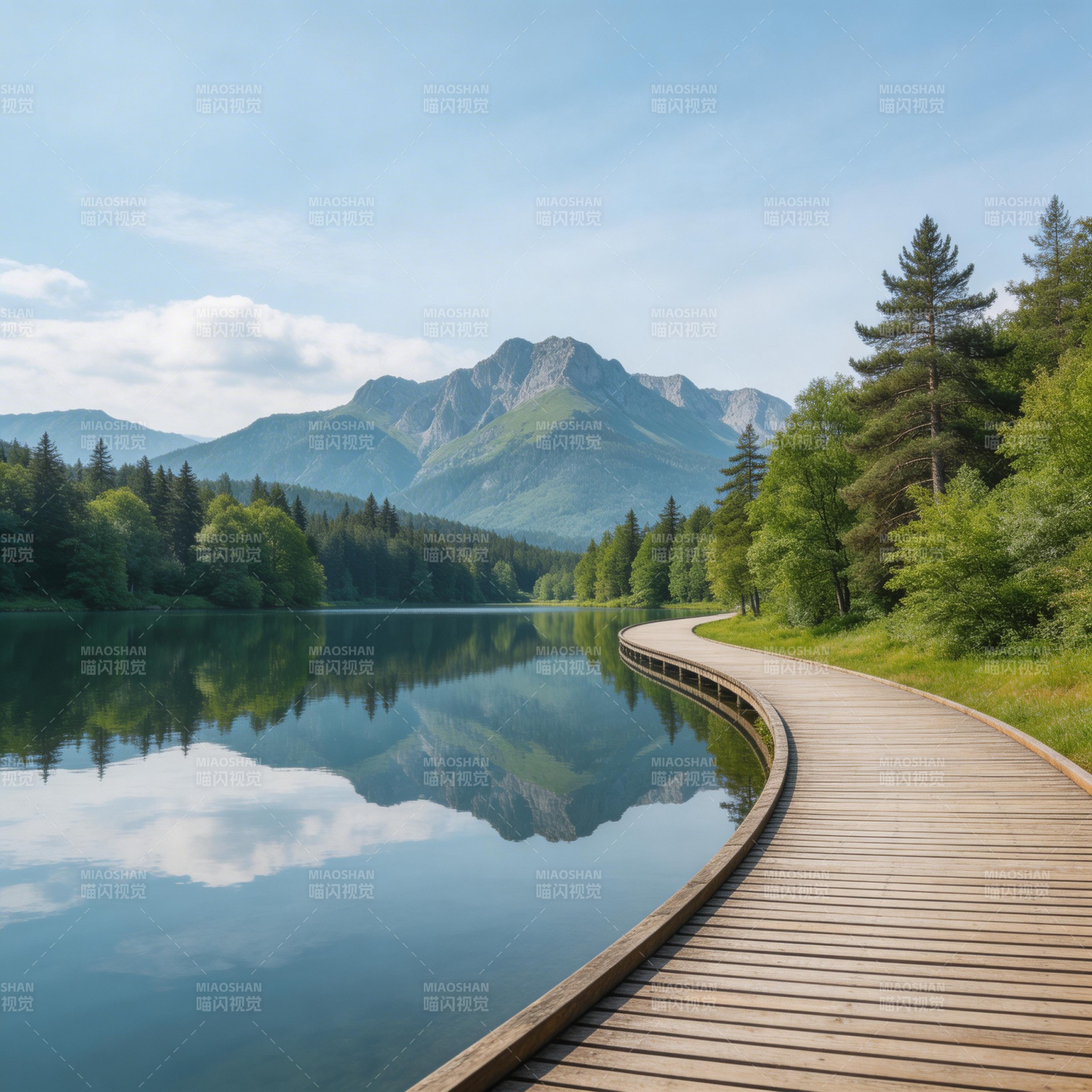 湖畔木道映山色图片