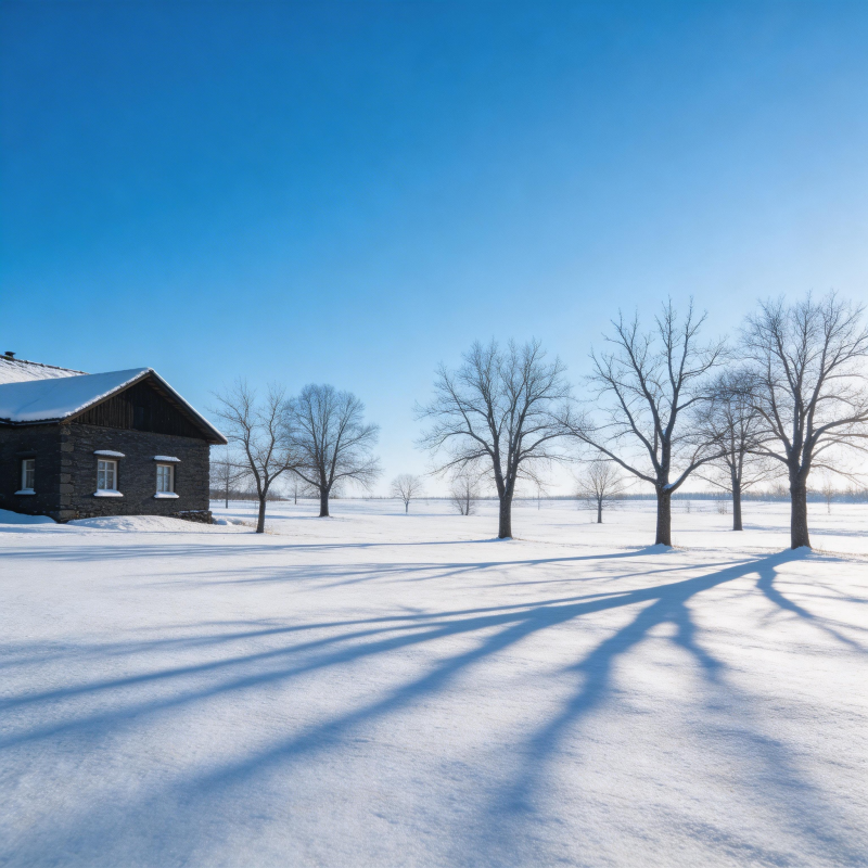 雪地小屋与树影图片