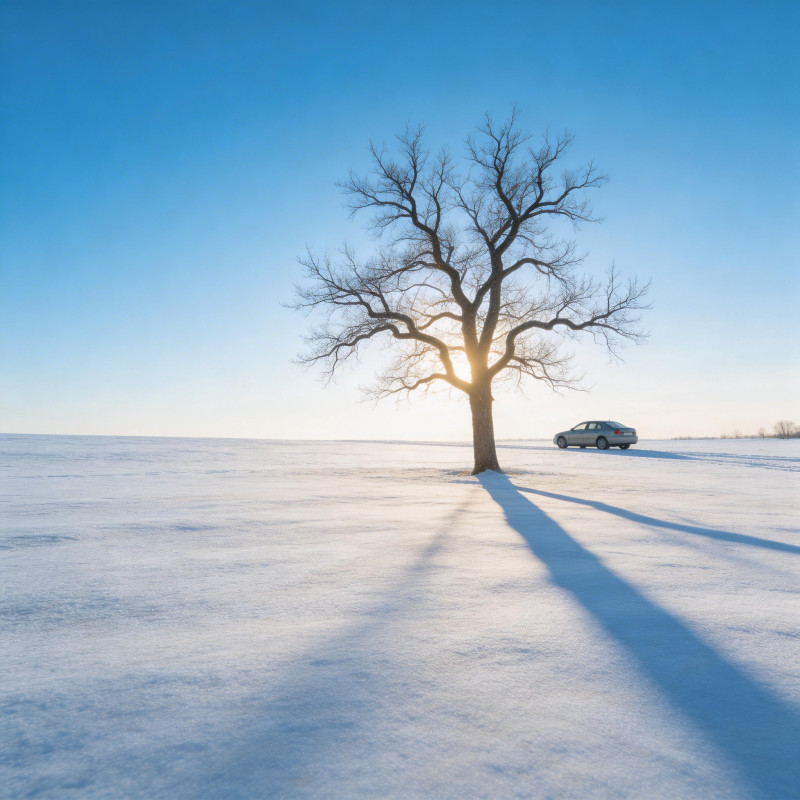 雪原孤树映斜阳图片